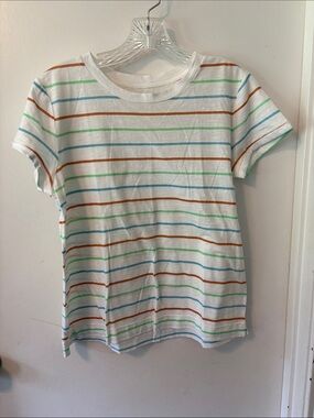 LOFT White Short-Sleeve Tee with Blue, Green & Orange Stripes